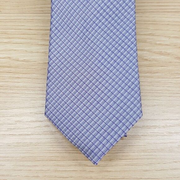 CALVIN KLEIN Mens Neck Tie Silver Purple Grid Silk Blend Classic Pointed - Picture 1 of 6